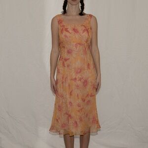 Y2k floral silk midi dress orange w/ pink flowers size 10 la rue 39